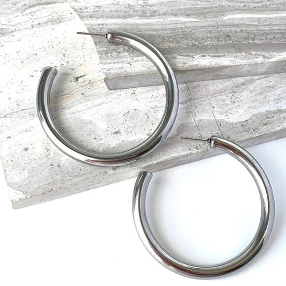 NEW Chunky Tube Hoop Earrings - Silver Rhodium Plated 2-Inch Statement Hoops - Picture 8 of 8